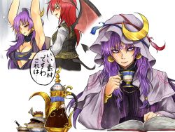 Rule 34 | 2girls, alternate costume, arabian clothes, book, breasts, cleavage, crescent, crescent hair ornament, cup, demon girl, demon tail, demon wings, facial mark, forehead mark, hair ornament, hat, hexagram, koakuma, large breasts, manatsu no yo no inmu, multiple girls, patchouli knowledge, purple eyes, purple hair, red eyes, red hair, ryuuichi (f dragon), star (symbol), star facial mark, star of david, tail, teacup, touhou, wings