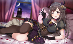 Rule 34 | 1girl, :d, amagasa ikuta, asymmetrical legwear, bed, black dress, black gloves, black thighhighs, blurry, blurry background, blush, bow, breasts, brown hair, brown thighhighs, buckle, choker, clock, clock tower, collarbone, commentary request, corset, crescent moon, curtains, depth of field, detached sleeves, dress, dusk, frilled skirt, frills, gears, gloves, hair bow, hair ornament, hand up, idolmaster, idolmaster shiny colors, indoors, large breasts, long hair, looking at viewer, lying, medium breasts, moon, night, on side, open mouth, petals, pillow, pink eyes, puffy short sleeves, puffy sleeves, purple bow, purple choker, short dress, short sleeves, sidelocks, skirt, smile, solo, strapless, strapless dress, swept bangs, tareme, thighhighs, tower, tsukioka kogane, uneven legwear, window