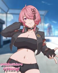 Rule 34 | 1girl, black gloves, black jacket, blue eyes, blue sky, breasts, building, cleavage, cowboy shot, gloves, groin, hair between eyes, hair ornament, hands up, highres, jacket, large breasts, looking at viewer, navel, open clothes, open jacket, red hair, rikkushinra, short hair, shorts, sky, smile, solo, standing, stomach, taoqi (wuthering waves), thighs, wuthering waves