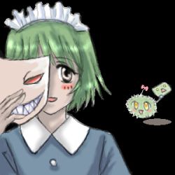 Rule 34 | 1girl, black background, blush, creature, iya maid, looking at viewer, lowres, maid, marimo, mask, original, simple background, smile, solo