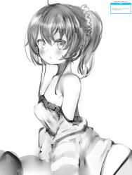 Rule 34 | 1girl, bare shoulders, blush, breasts, closed mouth, dot nose, from side, greyscale, hair ornament, hair scrunchie, highres, hololive, looking at viewer, looking to the side, monochrome, nanashi (nlo), natsuiro matsuri, natsuiro matsuri (matsuri&#039;s day off), ponytail, scrunchie, simple background, small breasts, solo, virtual youtuber, white background