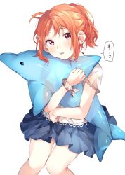 Rule 34 | 1girl, ahoge, alternate hairstyle, bad id, bad twitter id, blue skirt, check commentary, clenched hands, commentary request, flower, hair flower, hair ornament, highres, holding, inflatable dolphin, inflatable toy, looking at viewer, love live!, love live! sunshine!!, makura (makura0128), orange hair, ponytail, scrunchie, shirt, short hair, short sleeves, sidelocks, simple background, sitting, skirt, solo, takami chika, translation request, white background, wrist scrunchie