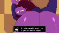 Rule 34 | 1boy, 1girl, animated, anus, ass, bottomless, breasts, brown hair, cleft of venus, clothed sex, colored skin, cum, cum in pussy, deltarune, doggystyle, english text, fellatio, female pubic hair, highres, huge ass, kris (deltarune), large breasts, medium hair, nipples, open mouth, oral, penis, pixel art, pov, pubic hair, purple skin, pussy, school, sex, sex from behind, shoestrang, short hair, sound, susie (deltarune), testicles, top-down bottom-up, vaginal, video