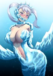 Rule 34 | 1girl, arms behind back, ass, ball gag, bdsm, black clover, blue background, blush, bondage, bound, breasts, curvy, gag, gagged, haryu (artist), highres, huge breasts, large breasts, mermaid, monster girl, navel, noelle silva, open mouth, purple eyes, silver hair, simple background, tiara, twintails, underwater, water