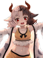 Rule 34 | 1girl, aged down, animal ears, animal print, artist name, bare shoulders, black ribbon, blush, brown hair, collarbone, commentary request, cow ears, cow horns, cow print, crop top, grey hair, haori, highres, horns, japanese clothes, long sleeves, looking at viewer, md5 mismatch, midriff, multicolored hair, navel, open clothes, open mouth, red eyes, resolution mismatch, ribbon, short hair, signature, simple background, skirt, skirt set, smile, snozaki, solo, source smaller, split-color hair, sports bra, stomach, touhou, two-tone hair, upper body, ushizaki urumi, white background, wide sleeves, yellow skirt