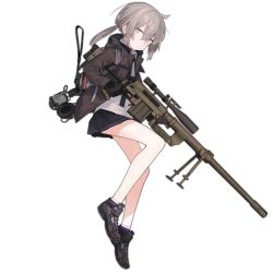 Rule 34 | 1girl, astg, backpack, bag, bolt action, cheytac m200, commentary, full body, girls&#039; frontline, gloves, gun, headphones, holding, holding gun, holding weapon, jacket, m200 (girls&#039; frontline), official art, open clothes, open jacket, ponytail, purple eyes, rifle, shoes, silver hair, skirt, sneakers, sniper rifle, socks, solo, transparent background, weapon
