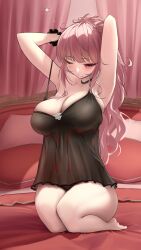 Rule 34 | 1girl, absurdres, arms up, bare legs, bed sheet, black choker, black nightgown, black wristband, blush, breasts, choker, commentary, curtains, drooling, frilled wristband, highres, hololive, hololive english, large breasts, long hair, messy hair, mori calliope, mori calliope (sleepwear), mouth drool, nightgown, one eye closed, pillow, pink hair, red eyes, seiza, sidelocks, sitting, sleepy, solo, somebody (leiking00), strap slip, virtual youtuber