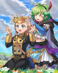 ! 2girls absurdres annette_fantine_dominic betabetamaru black_cloak black_headband black_skirt blue_eyes blue_pantyhose braid braided_hair_rings cloak closed_eyes commission elbow_gloves epaulettes feather_hair_ornament feathers fingerless_gloves fire_emblem fire_emblem:_the_blazing_blade fire_emblem:_three_houses fire_emblem_heroes frilled_skirt frills garreg_mach_monastery_uniform gloves hair_ornament hair_rings head_wreath headband highres hood hooded_coat kneeling layered_skirt midriff multiple_girls navel nino_(fang&#039;s_heart)_(fire_emblem) nino_(fire_emblem) nintendo official_alternate_costume open_mouth orange_hair pantyhose sitting skeb_commission skirt wariza