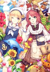 Rule 34 | 2girls, acorn, anchor symbol, balloon, black hat, blonde hair, blush, book, candy, clam, conch, earrings, flower, food, green eyes, hat, holding, holding book, holding hands, jack-o&#039;-lantern, jacket, jacket on shoulders, jewelry, kiritani846, leaf, lollipop, long hair, long sleeves, looking at another, lying, multiple girls, on back, one eye closed, open book, original, paintbrush, palette (object), parted lips, photo (object), pumpkin, purple eyes, red hair, sleeveless, smile, starfish, stuffed animal, stuffed dolphin, stuffed toy, summer, teeth, top hat, twintails, white hat