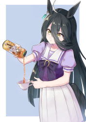 Rule 34 | 1girl, absurdres, agnes tachyon (umamusume), ahoge, animal ears, black hair, bow, bowtie, can, closed mouth, cup, earrings, hair between eyes, highres, holding, holding can, holding cup, horse ears, horse girl, horse tail, jewelry, long hair, manhattan cafe (umamusume), multicolored hair, pakiramon, pouring, puffy short sleeves, puffy sleeves, purple bow, purple bowtie, purple shirt, sailor collar, school uniform, shirt, short sleeves, single earring, skirt, solo, streaked hair, tail, teacup, tracen school uniform, umamusume, white skirt, yellow eyes, zone (energy drink)