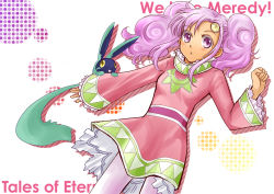 Rule 34 | 00s, 1girl, character name, copyright name, creature, long hair, meredy (tales), pantyhose, purple eyes, purple hair, quickie (tales), sidelocks, someha, sweater, tales of (series), tales of eternia, twintails, white pantyhose