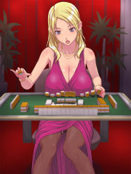Rule 34 | 1girl, bare shoulders, blonde hair, blue eyes, blush, board game, breasts, chair, cleavage, dress, earrings, huge breasts, jewelry, legs, long hair, looking down, mahjong, nightmare express, open mouth, pantyhose, shimano natsume, sitting, solo, table, thighs