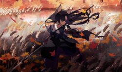 Rule 34 | 1girl, absurdres, animal ears, arknights, armor, autumn leaves, beads, black hair, closed eyes, closed mouth, commentary, elbow gloves, facial mark, fingerless gloves, forehead mark, gloves, hand up, highres, holding, holding polearm, holding weapon, japanese clothes, kimono, long hair, naginata, ocastitan, outdoors, parted bangs, plant, polearm, praying, purple gloves, purple kimono, reflection, reflective water, river, saga (arknights), solo, standing, turning head, water, weapon, wind