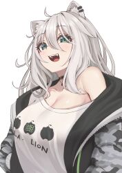 Rule 34 | 1girl, absurdres, ahoge, animal ear fluff, animal ears, black choker, breasts, choker, cleavage, commentary request, ear piercing, fangs, green eyes, grey hair, grey jacket, highres, hololive, jacket, large breasts, lion ears, lion girl, looking at viewer, open mouth, piercing, see-through, see-through cleavage, shirt, shishiro botan, shishiro botan (casual), simple background, single bare shoulder, solo, upper body, virtual youtuber, white background, white shirt, zeolch
