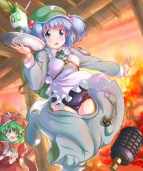 Rule 34 | 2girls, :3, blue eyes, blue hair, boots, bow, chestnut mouth, drink, em s, explosive, female focus, green eyes, green hair, grenade, hair bobbles, hair bow, hair ornament, hair ribbon, hat, kagiyama hina, kawashiro nitori, multiple girls, one-piece swimsuit, open mouth, revision, ribbon, school swimsuit, skirt, sparkle, sunset, swimsuit, swimsuit under clothes, touhou, tray