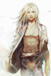 Rule 34 | 1boy, abs, blood, blood from mouth, blood on clothes, blood on face, blue eyes, cowboy shot, drinkdrink, facial mark, floating hair, forehead mark, frown, furrowed brow, half-closed eyes, highres, lingyu zhang, long hair, long sleeves, looking at viewer, male focus, navel, nipples, open clothes, pants, signature, simple background, solo, toned, toned male, torn clothes, torn sleeves, white background, wind, yiren zhixia