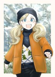 Rule 34 | 1girl, blonde hair, blue eyes, christmas sweater, hat, highres, long hair, looking at viewer, mixed-language commentary, open mouth, persona, persona 5, riku (ukir125), smile, solo, sweater, takamaki anne, turtleneck, turtleneck sweater, aged down