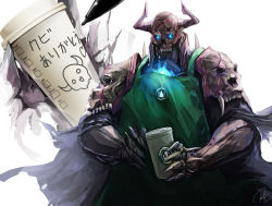 Rule 34 | 1boy, apron, armor, blue fire, coffee, coffee cup, commentary request, cup, disposable cup, drawing, fate/grand order, fate (series), fire, glowing, glowing eyes, green apron, heart, highres, horns, king hassan (fate), male focus, mask, pen, re lucy, simple background, skull, skull mask, solo, starbucks, translated, twitter username, white background, writing