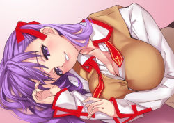 Rule 34 | 1girl, breasts, cleavage, fate/stay night, fate (series), female focus, gradient background, hair ribbon, homurahara academy school uniform, large breasts, long sleeves, looking at viewer, lying, matou sakura, matsuryuu, on side, open clothes, open shirt, parted lips, purple eyes, purple hair, red ribbon, ribbon, school uniform, shirt, smile, solo, vest