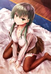 Rule 34 | 10s, 1girl, alternate hairstyle, bed, bed sheet, blouse, breasts, brown skirt, brown thighhighs, cleavage, from above, green eyes, green hair, hair between eyes, jewelry, kantai collection, large breasts, long hair, long sleeves, looking at viewer, looking up, low twintails, matching hair/eyes, miniskirt, no shoes, pig tail, pleated skirt, ring, shirt, sitting, skirt, solo, suien, suzuya (kancolle), tail, thighhighs, twintails, wariza, wedding band, white shirt