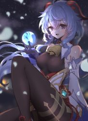 Rule 34 | 1girl, ahoge, bare shoulders, bell, blue gloves, blue hair, breasts, brown pantyhose, chinese knot, detached sleeves, flower knot, ganyu (genshin impact), genshin impact, gloves, gold trim, highres, horns, knee up, long hair, looking at viewer, medium breasts, neck bell, open mouth, orb, pantyhose, purple eyes, qilin (mythology), sidelocks, sitting, smile, solo, thighlet, thighs, tomoshibi (rokugatsu), vision (genshin impact), white sleeves