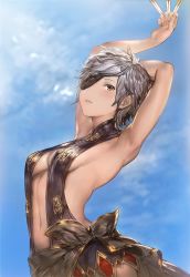 Rule 34 | 10s, 1girl, aos, armpits, arms up, blue background, breasts, brown eyes, cleavage, eyepatch, granblue fantasy, highres, navel, short hair, sideboob, silver hair, solo, tania (granblue fantasy)