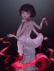 Rule 34 | 1girl, backless dress, backless outfit, blood, cultist simulator, disembodied head, dress, extra arms, feather boa, highres, hilda dewitt, jewelry, knife, mother of ants, necklace, pearl necklace, red eyes, short hair, sleeveless, sleeveless dress, smoking pipe, solo, white dress