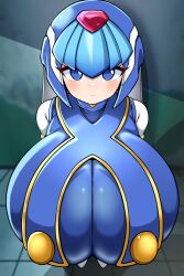 Rule 34 | 1girl, blue eyes, blue hair, blurry, blurry background, blush, breasts, detritus, dot nose, expressionless, eyelashes, female focus, floor, from above, gigantic breasts, headgear, helmet, impossible clothes, fairy leviathan (mega man), looking at viewer, mega man (series), mega man zero (series), shiny clothes, shiny skin, short hair, skin tight, solo, upper body