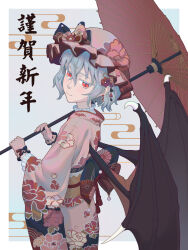 1girl absurdres blue_background blue_hair border commentary egasumi english_commentary floral_print floral_print_kimono gloves happy_new_year hat highres holding holding_umbrella japanese_clothes kimono mob_cap new_year obi oil-paper_umbrella outside_border pink_kimono red_eyes remilia_scarlet sash short_hair slit_pupils smile solo touhou translation_request umbrella white_border wings youpofen