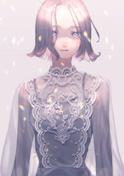 Rule 34 | 1girl, absurdres, black camisole, camisole, closed mouth, collarbone, commentary request, dress, expressionless, grey background, highres, kanai (nai nai), lens flare, long sleeves, looking at viewer, original, purple eyes, purple hair, see-through, see-through dress, short hair, solo, upper body, white dress