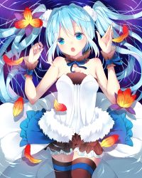Rule 34 | 1girl, 7th dragon (series), 7th dragon 2020, absurdres, blue eyes, blue hair, hatsune miku, highres, leaf, long hair, matching hair/eyes, open mouth, partially submerged, pirumjuice, skirt, solo, thighhighs, twintails, vocaloid, zettai ryouiki