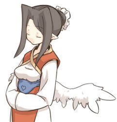 Rule 34 | 7010, black hair, closed eyes, japanese clothes, lowres, pointy ears, solo, wings