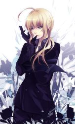 Rule 34 | 1girl, ahoge, artoria pendragon (all), artoria pendragon (fate), biting, blonde hair, business suit, domco, fate/zero, fate (series), formal, glove biting, gloves, green eyes, long hair, mouth hold, pant suit, pants, ponytail, saber (fate), solo, suit