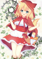 Rule 34 | 1girl, alcohol, alternate costume, animal ears, apple, apron, aqua eyes, blonde hair, blush, boots, bread, breasts, brown footwear, capelet, cleavage, clothes lift, commentary request, cowboy shot, fang, floral background, flower, food, frilled apron, frilled skirt, frills, fruit, gochuumon wa usagi desu ka?, hood, hooded capelet, kemonomimi mode, kirima syaro, knee boots, leaf, looking at viewer, open mouth, picnic basket, red capelet, red hood, shirt, short hair, skirt, skirt lift, small breasts, smile, solo, sonosakiburi, standing, tail, tsurime, underbust, waist apron, white apron, white shirt, wind, wind lift, wine, wolf ears, wolf tail