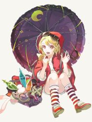 Rule 34 | 119, 1girl, 1ten, alternate costume, alternate hairstyle, bag, blonde hair, crescent, eyewear on head, female focus, flandre scarlet, food, hair ornament, hairpin, highres, holding, hood, hoodie, ice cream, looking at viewer, open mouth, red eyes, short hair, simple background, sitting, skirt, socks, solo, star (symbol), striped clothes, striped socks, sunglasses, touhou, umbrella, white background