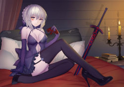 Rule 34 | 1girl, artoria pendragon (all), artoria pendragon (fate), bare shoulders, black hair, blonde hair, book, breasts, candelabra, candlestand, cleavage, dress, elbow gloves, excalibur morgan (fate), fate/stay night, fate (series), garter straps, gloves, headboard, headphones, headphones removed, high heels, highres, mag (huangmag), medium breasts, no bra, on bed, saber (fate), saber alter, solo, stiletto heels, sword, tattoo, thighhighs, weapon