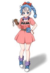 Rule 34 | 1girl, absurdres, belt, blue eyes, blue hair, boots, braid, breasts, bulma, closed mouth, dragon ball, dragon ball (classic), dragon radar, eron, full body, gloves, highres, holding, long hair, simple background, smile, solo, white background