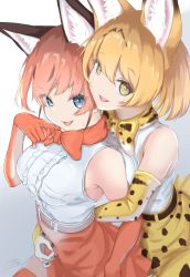 Rule 34 | 2girls, absurdres, animal ear fluff, animal ears, arm held back, blonde hair, bow, bowtie, caracal (kemono friends), cowboy shot, ears visible through hair, elbow gloves, fangs, gloves, high-waist skirt, highres, hug, hug from behind, kemono friends, looking at breasts, looking at viewer, mine tsukasa, multiple girls, open mouth, red hair, serval (kemono friends), serval print, shirt, short hair, simple background, skirt, sleeveless, sleeveless shirt, smile, traditional bowtie, unbuttoning, white background, yuri