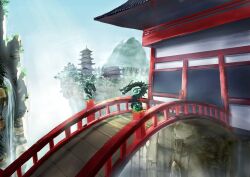 Rule 34 | architecture, bride, building, cliff, day, dragon, east asian architecture, eastern dragon, fog, forest, highres, hkwryyy pepe, nature, no humans, original, pagoda, railing, scenery, shadow, statue, tree, water, waterfall, wooden floor