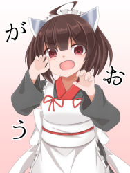 Rule 34 | 1girl, :d, ahoge, ao (aoblueao), apron, black kimono, blush, brown background, brown hair, claw pose, fang, frilled apron, frills, gradient background, hair between eyes, head tilt, headgear, japanese clothes, kimono, long sleeves, looking at viewer, maid, maid apron, maid headdress, open mouth, red eyes, smile, solo, touhoku kiritan, translation request, voiceroid, wa maid, white apron, white background, wide sleeves