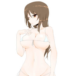 Rule 34 | 10s, 1girl, bad id, bad pixiv id, bikini, blush, breasts, brown eyes, brown hair, cleavage, curvy, girls und panzer, highres, large breasts, long hair, looking at viewer, micro bikini, mika (girls und panzer), navel, nekomata kyou, one eye closed, simple background, smile, solo, swimsuit, wide hips