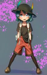 Rule 34 | 10s, 1girl, alternate color, backpack, bag, black hat, black pantyhose, black shirt, blouse, blue eyes, blue hair, bucket hat, commentary request, fang, hands in pockets, hat, hat feather, highres, kaban (kemono friends), kemono friends, pantyhose, red shorts, shirt, short hair, shorts, solo, spread legs, welt (kinsei koutenkyoku)