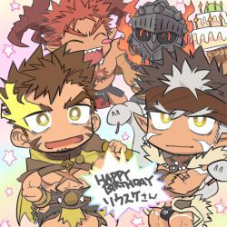 Rule 34 | 4boys, abs, beard, blush, brown hair, cake, chest harness, chest tattoo, chibi, cross scar, dark-skinned male, dark skin, facial hair, flaming eye, food, happy birthday, harness, headband, helmet, heracles (housamo), horns, ifrit (housamo), long sideburns, looking at viewer, male focus, multiple boys, muscular, nikism, pointy ears, red hair, scar, sideburns, spiked hair, standing, surtr (housamo), tangaroa (housamo), tattoo, tokyo houkago summoners, upper body, white hair, yellow eyes