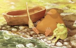 Rule 34 | 2others, boat, commentary request, frog, from side, frown, grass, hachiya shohei, highres, multiple others, nature, on floor, original, otter, outdoors, paddle, personification, pond, rock, shadow, water, watercraft