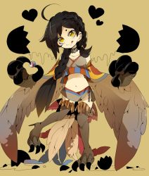 Rule 34 | 1girl, :p, ahoge, akanesanzou, black hair, braid, breasts, broken egg, brown thighhighs, cleavage, egg, egg yolk, female focus, full body, harpy, head tilt, midriff, miniskirt, monster girl, navel, original, pixiv genealogy of life, ringed eyes, side braid, simple background, skirt, smile, solo, standing, standing on one leg, stomach, thighhighs, tongue, tongue out, winged arms, wings, yellow background, yellow eyes