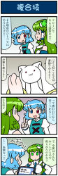 Rule 34 | 2girls, 4koma, ^^^, artist self-insert, blue eyes, blue hair, closed eyes, comic, commentary request, detached sleeves, frog hair ornament, gradient background, hair ornament, hair tubes, hands on own hips, heterochromia, highres, index finger raised, juliet sleeves, kochiya sanae, kyubey, long hair, long sleeves, mahou shoujo madoka magica, mahou shoujo madoka magica (anime), mizuki hitoshi, multiple girls, nontraditional miko, open mouth, puffy sleeves, red eyes, short hair, smile, snake hair ornament, sweatdrop, tablet pc, tatara kogasa, touhou, translation request, vest, wide sleeves