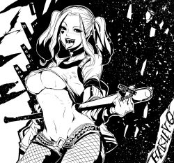 Rule 34 | 1girl, baseball bat, batman (series), breasts, choker, cleavage, dc comics, fishnet pantyhose, fishnets, harley quinn, highres, lipstick, makeup, middle finger, monochrome, pantyhose, short shorts, shorts, solo, suicide squad, twintails, underboob, weapon