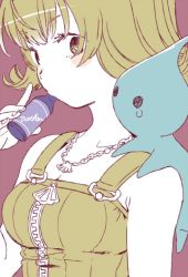 Rule 34 | 1girl, alien, blush stickers, bottle, breasts, brown hair, cleavage, drinking, final fantasy, final fantasy viii, flipped hair, jewelry, necklace, selphie tilmitt, short hair, simple background, yellow overalls, yukataro