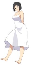 Rule 34 | 1girl, accio, arms behind back, bad id, bad twitter id, bare shoulders, barefoot, black eyes, black hair, breasts, cleavage, dress, full body, highres, large breasts, original, short hair, simple background, smile, solo, white background, white dress