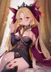 Rule 34 | 1girl, absurdres, blonde hair, blush, breasts, cape, cleavage, earrings, ereshkigal (fate), fate/grand order, fate (series), gold trim, hair ornament, hair ribbon, highres, hoop earrings, jewelry, large breasts, long hair, looking at viewer, multicolored cape, multicolored clothes, parted bangs, red cape, red eyes, ribbon, single thighhigh, sitting, skull, solo, spine, thighhighs, tiara, twintails, ura illust, very long hair, yellow cape